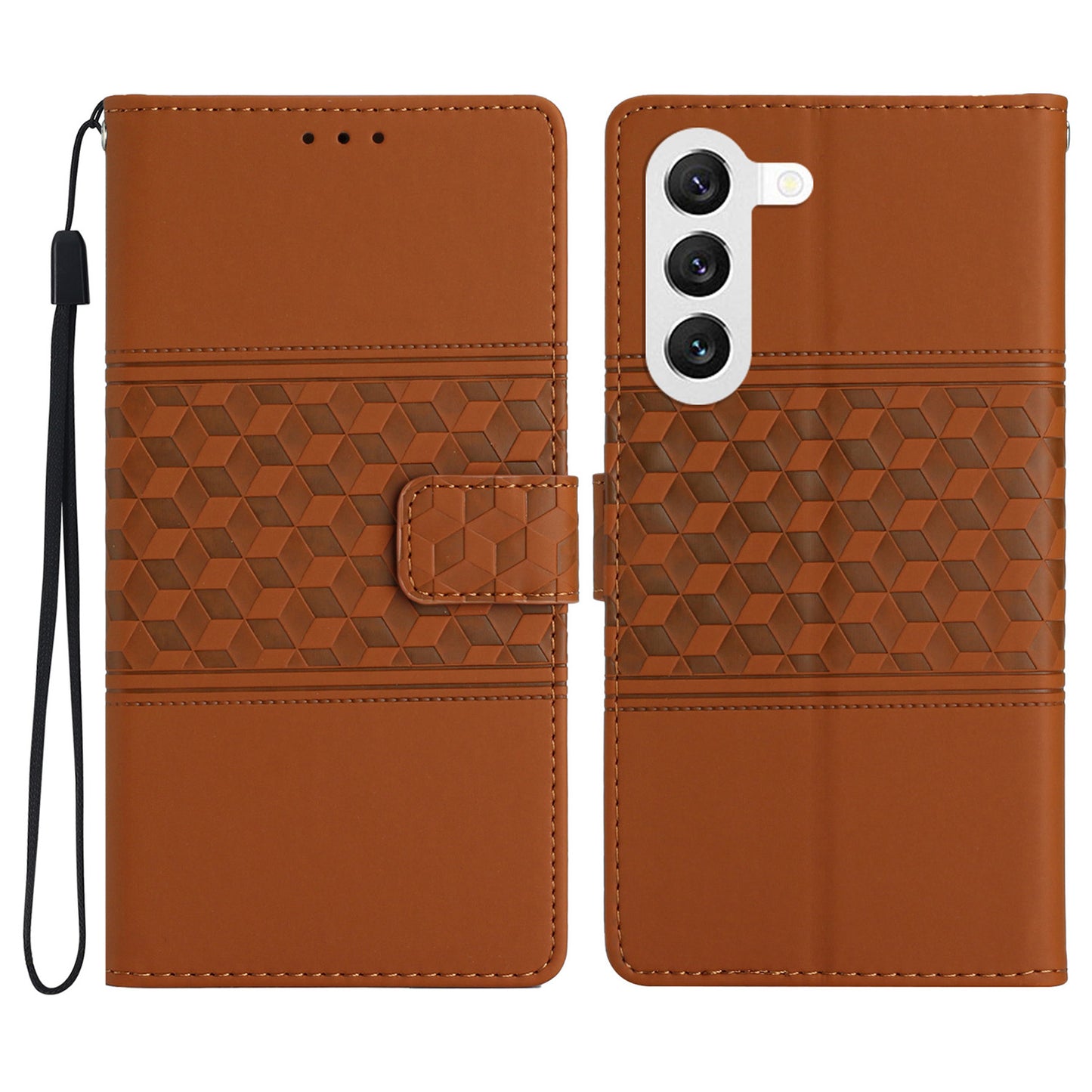 For Samsung Galaxy S24+ Case PU Leather Imprinted Rhombus Wallet Stand Cell Phone Cover - Brown