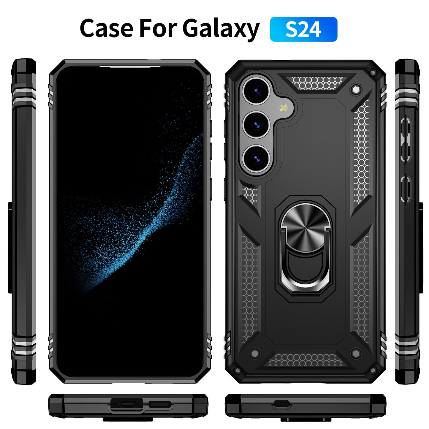 For Samsung Galaxy S24+ Case TPU+PC Phone Cover with Ring Kickstand - Black