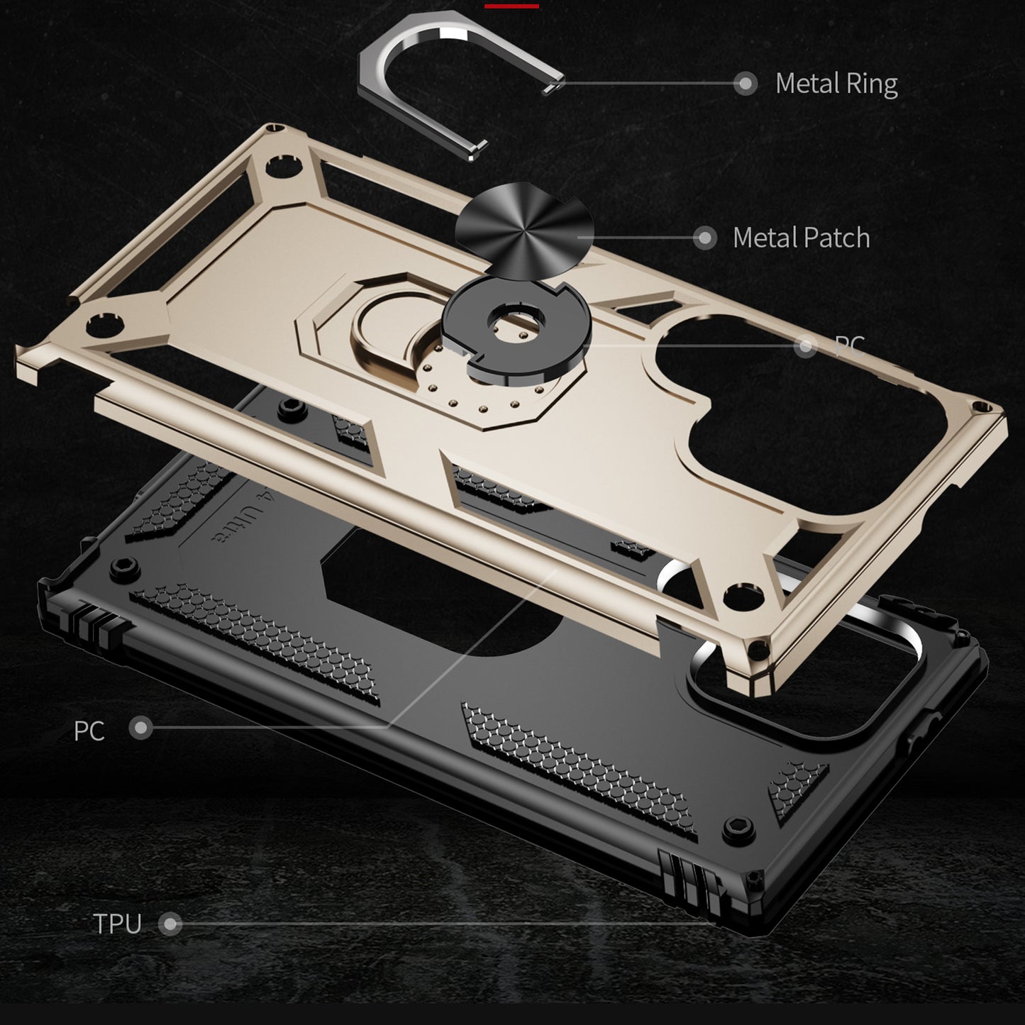 For Samsung Galaxy S24 Ultra Case TPU+PC Ring Kickstand Phone Back Shell - Gold