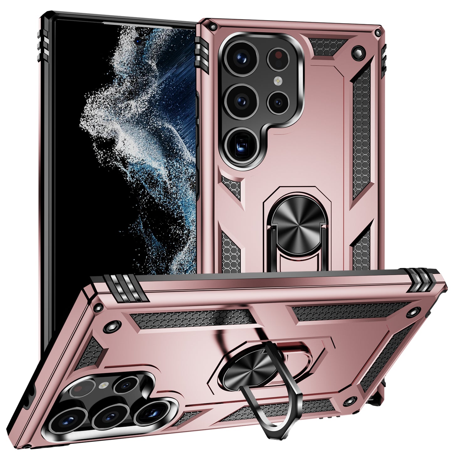 For Samsung Galaxy S24 Ultra Case TPU+PC Ring Kickstand Phone Back Shell - Rose Gold
