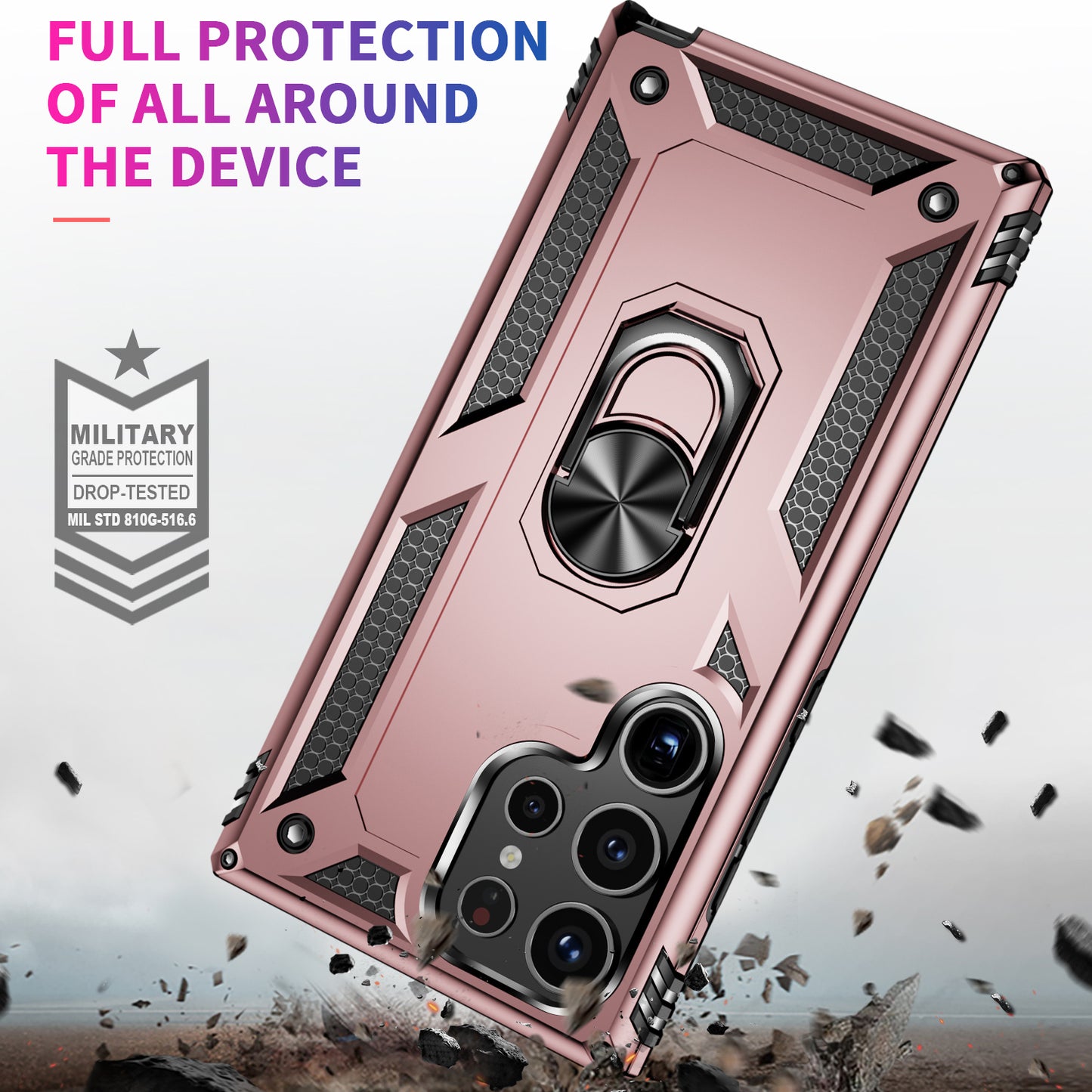 For Samsung Galaxy S24 Ultra Case TPU+PC Ring Kickstand Phone Back Shell - Rose Gold