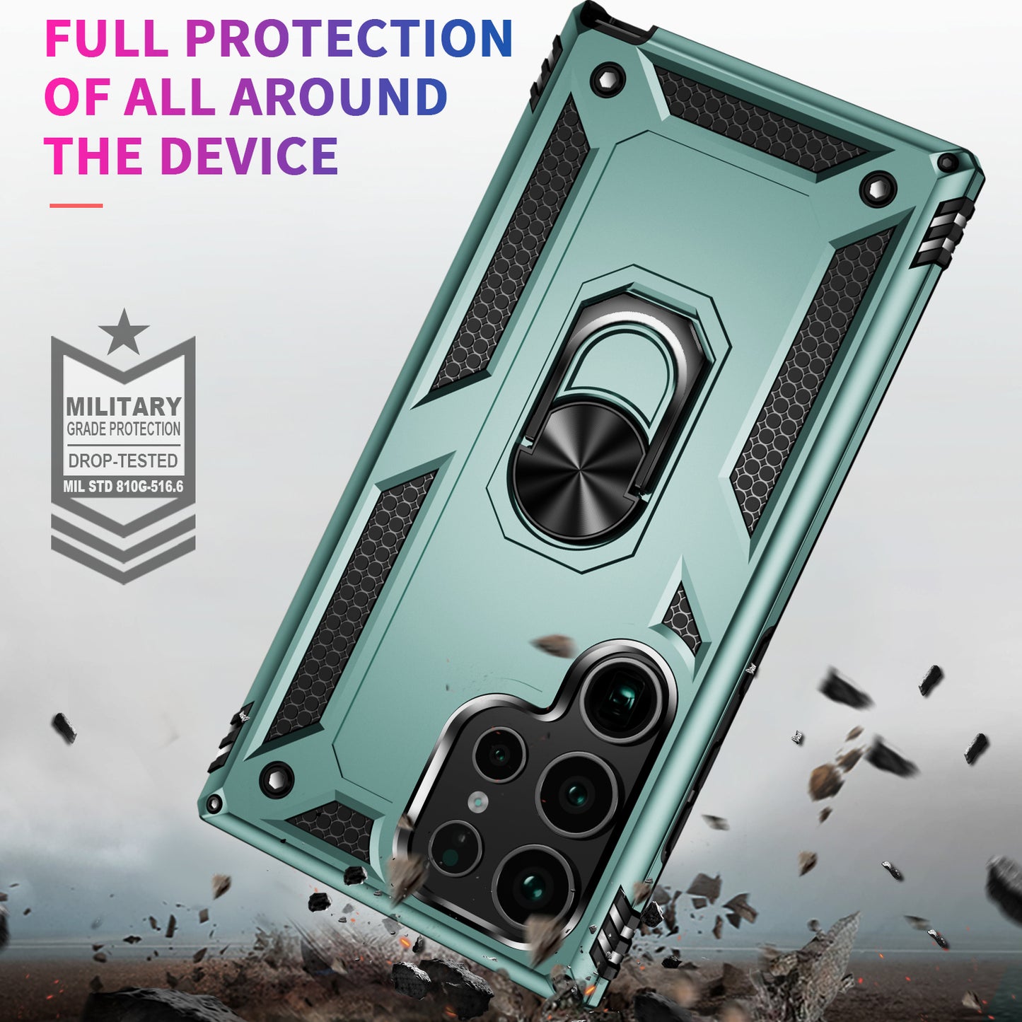 For Samsung Galaxy S24 Ultra Case TPU+PC Ring Kickstand Phone Back Shell - Blackish Green