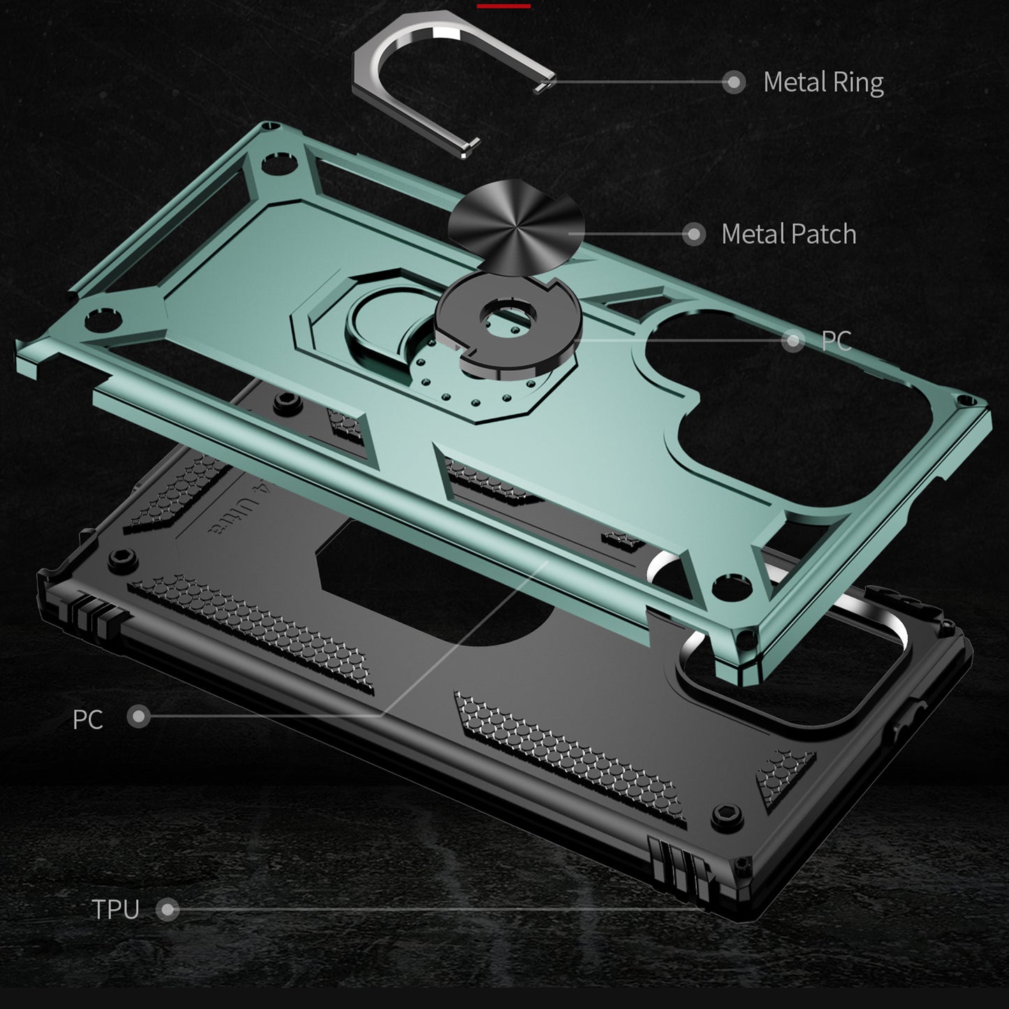 For Samsung Galaxy S24 Ultra Case TPU+PC Ring Kickstand Phone Back Shell - Blackish Green