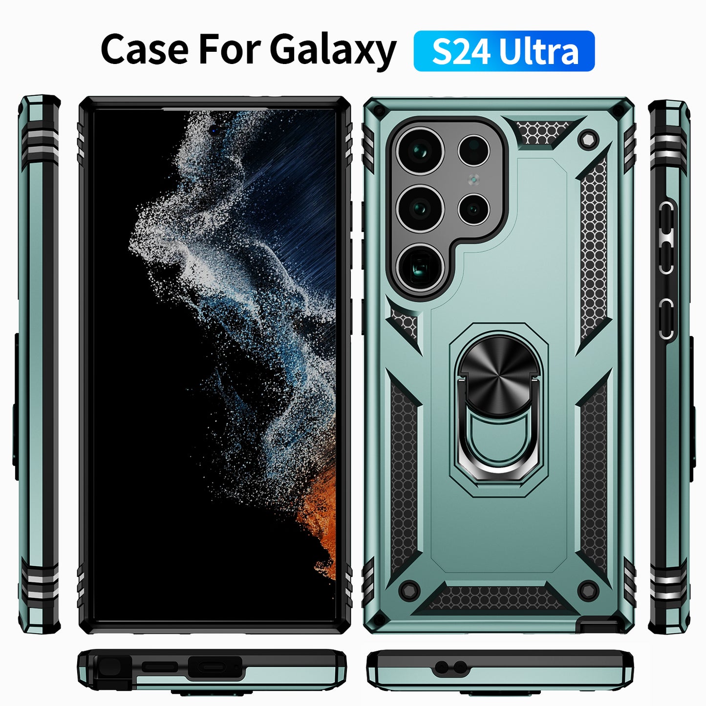 For Samsung Galaxy S24 Ultra Case TPU+PC Ring Kickstand Phone Back Shell - Blackish Green