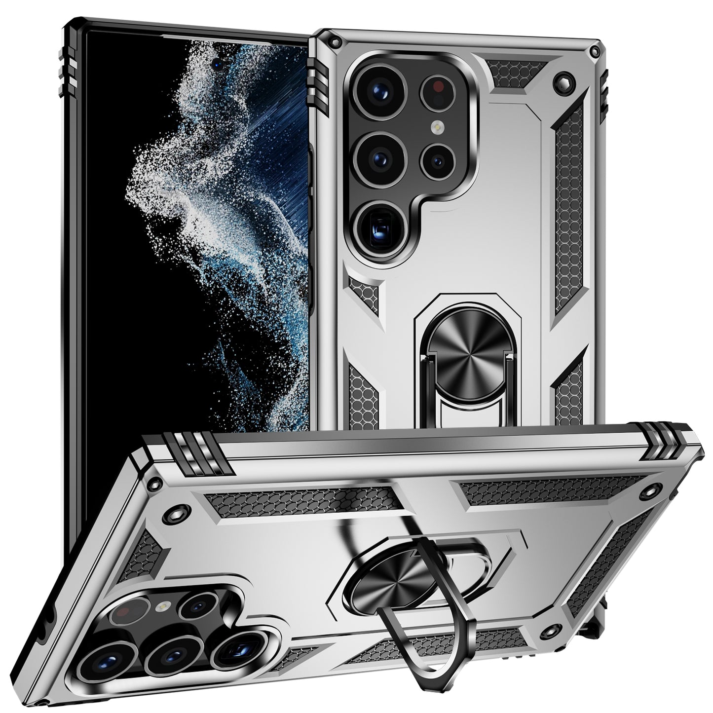 For Samsung Galaxy S24 Ultra Case TPU+PC Ring Kickstand Phone Back Shell - Silver