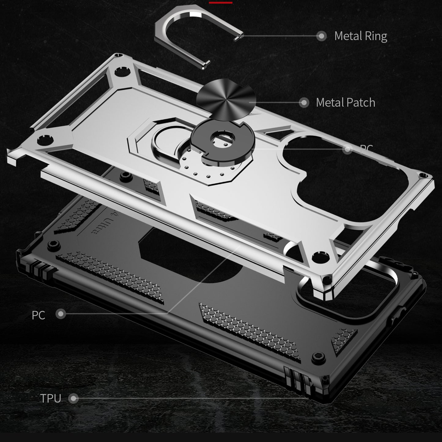 For Samsung Galaxy S24 Ultra Case TPU+PC Ring Kickstand Phone Back Shell - Silver