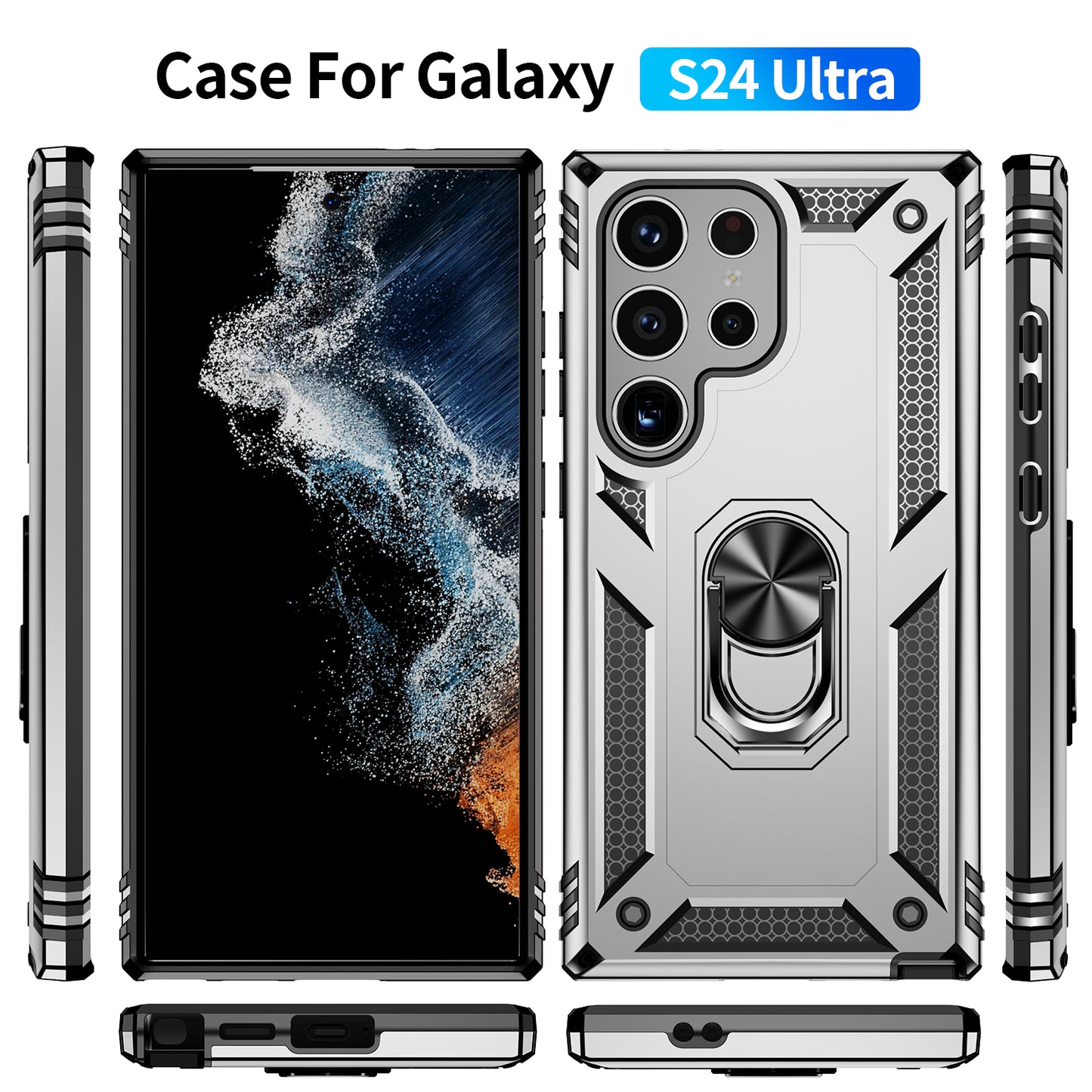 For Samsung Galaxy S24 Ultra Case TPU+PC Ring Kickstand Phone Back Shell - Silver