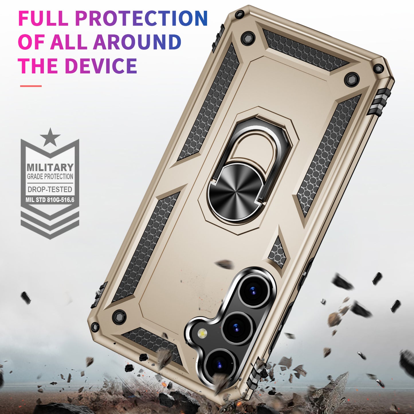For Samsung Galaxy S24 Case Drop-resistant PC+TPU Kickstand Phone Protector - Gold