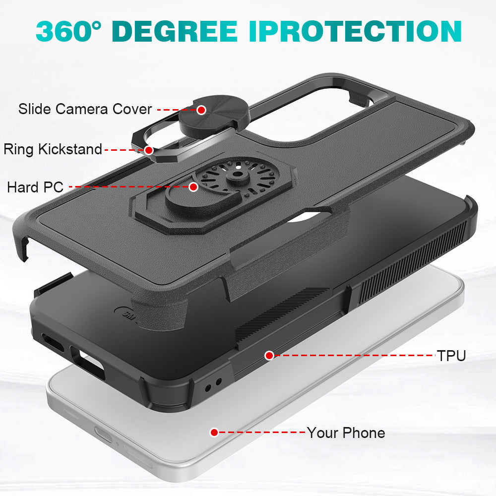 For Samsung Galaxy S24 Case Hybrid PC+TPU Metal Ring Kickstand Phone Protector - Black