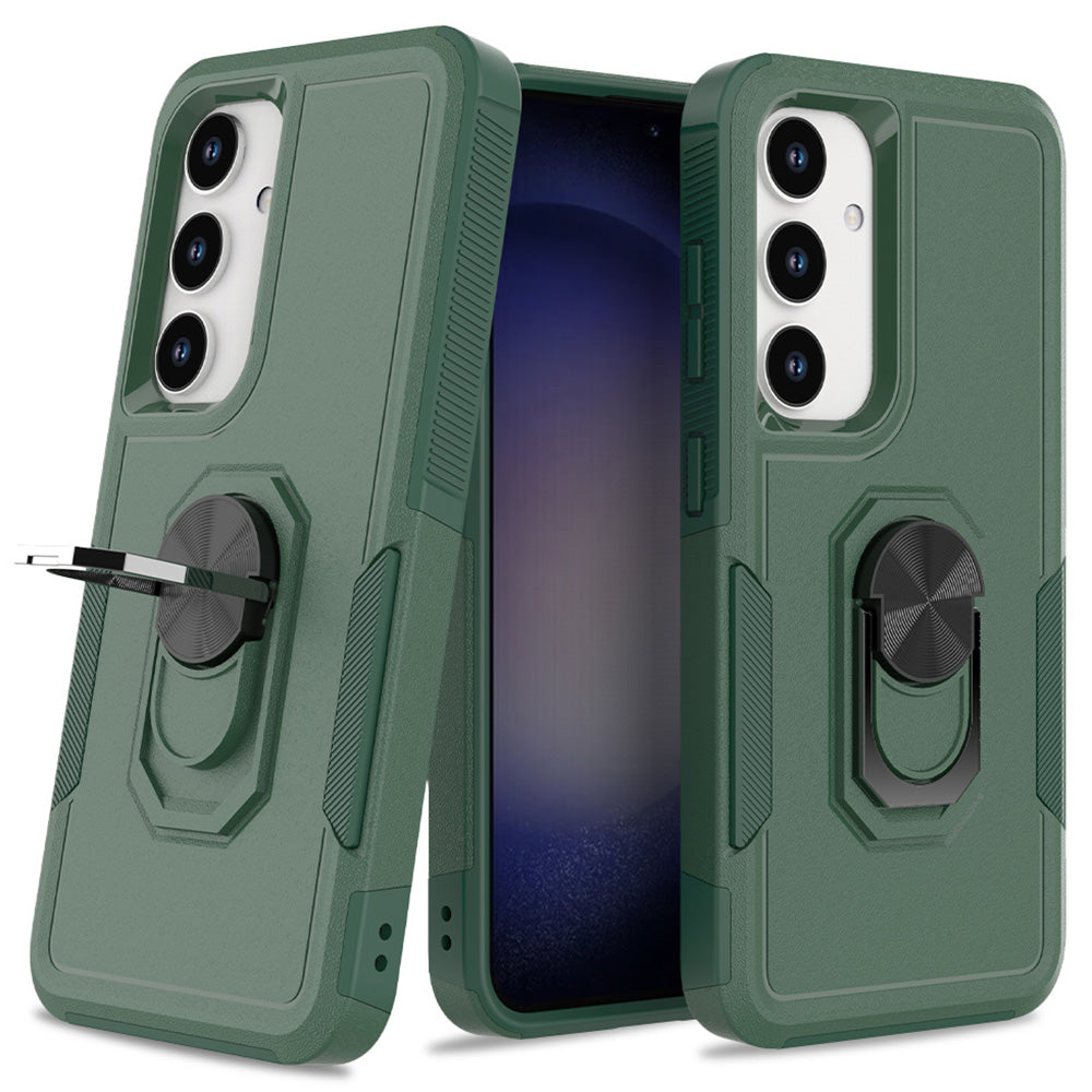 For Samsung Galaxy S24 Case Hybrid PC+TPU Metal Ring Kickstand Phone Protector - Dark Green