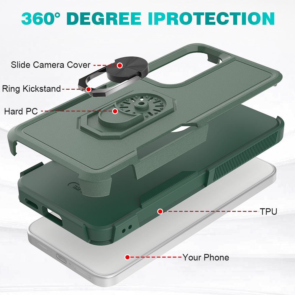 For Samsung Galaxy S24 Case Hybrid PC+TPU Metal Ring Kickstand Phone Protector - Dark Green