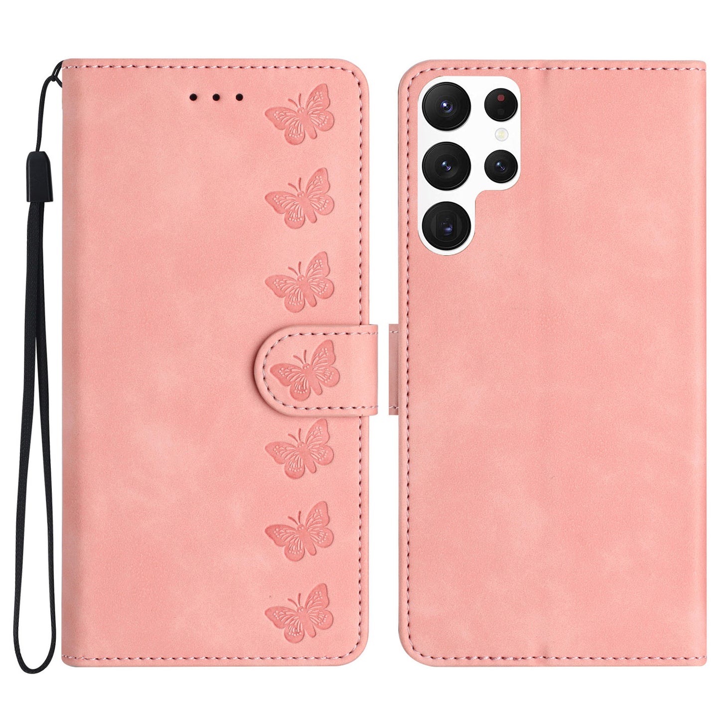 For Samsung Galaxy S24 Ultra Case PU Leather Wallet Imprinted Butterfly Stand Phone Cover - Pink