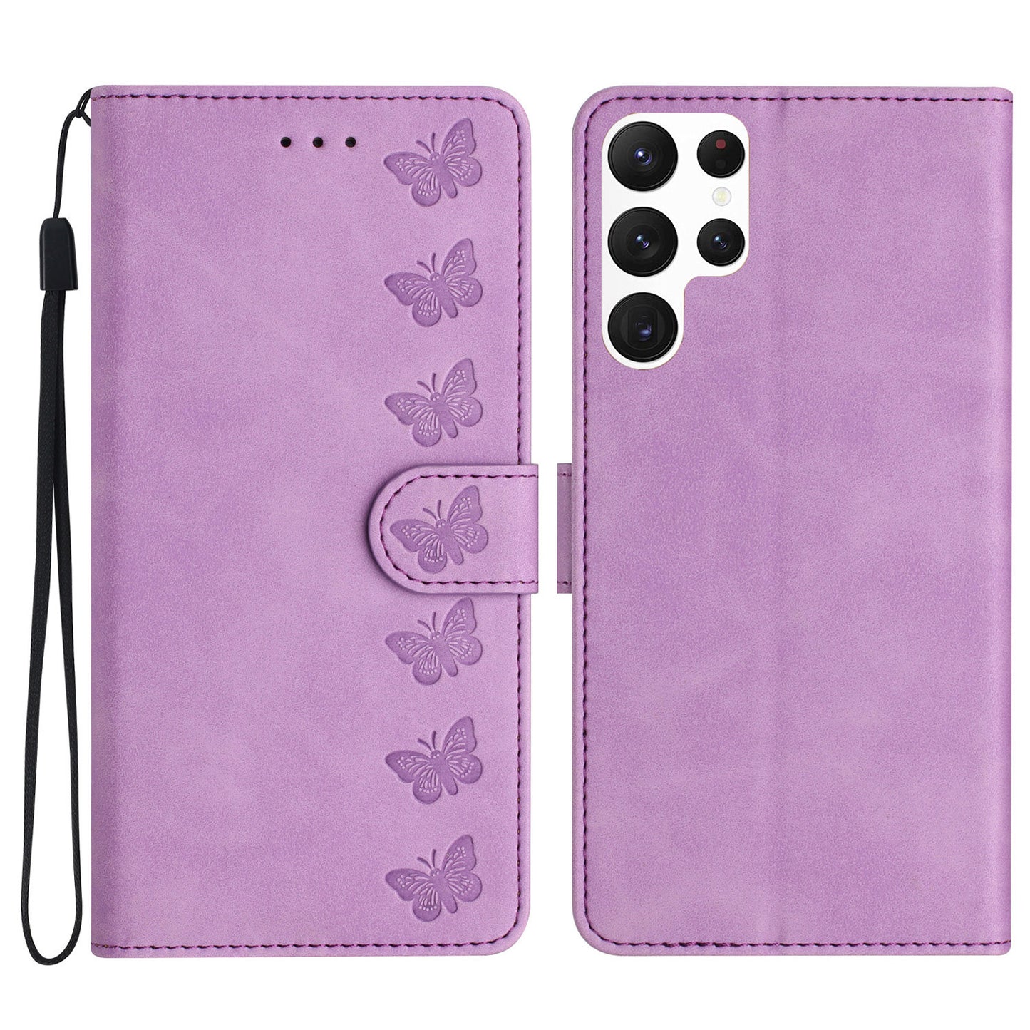 For Samsung Galaxy S24 Ultra Case PU Leather Wallet Imprinted Butterfly Stand Phone Cover - Purple