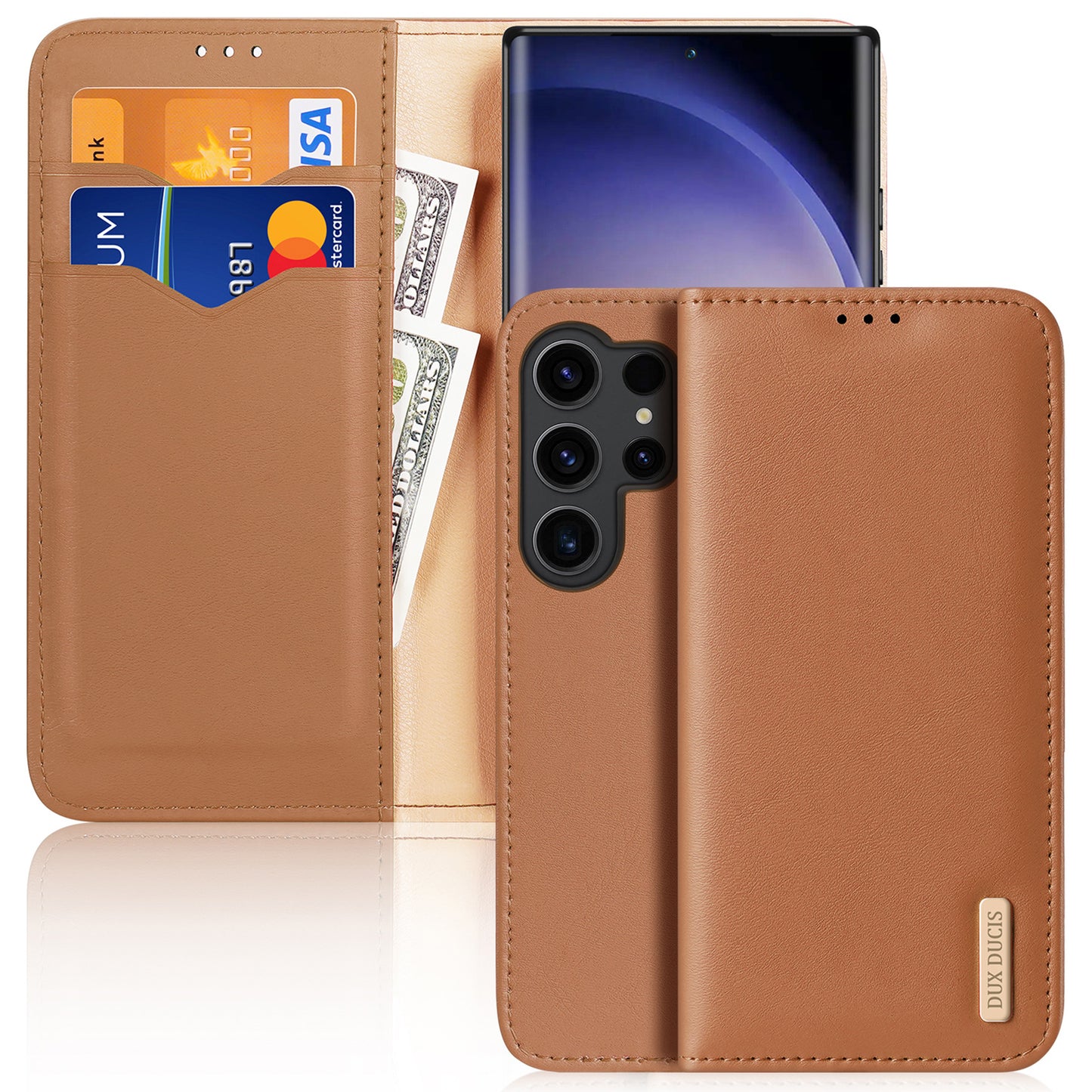 DUX DUCIS Hivo Series for Samsung Galaxy S24 Ultra Phone Case Cowhide Leather Wallet Flip Cover - Brown