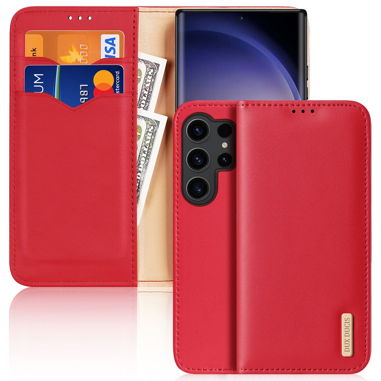 DUX DUCIS Hivo Series for Samsung Galaxy S24 Ultra Phone Case Cowhide Leather Wallet Flip Cover - Red
