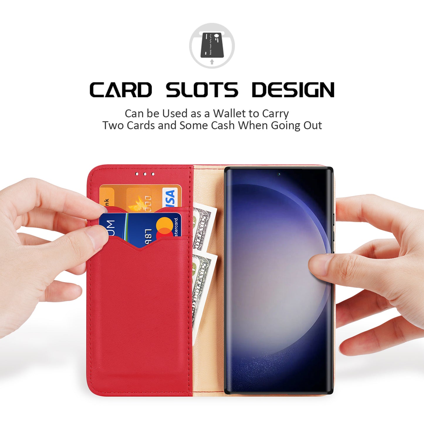 DUX DUCIS Hivo Series for Samsung Galaxy S24 Ultra Phone Case Cowhide Leather Wallet Flip Cover - Red