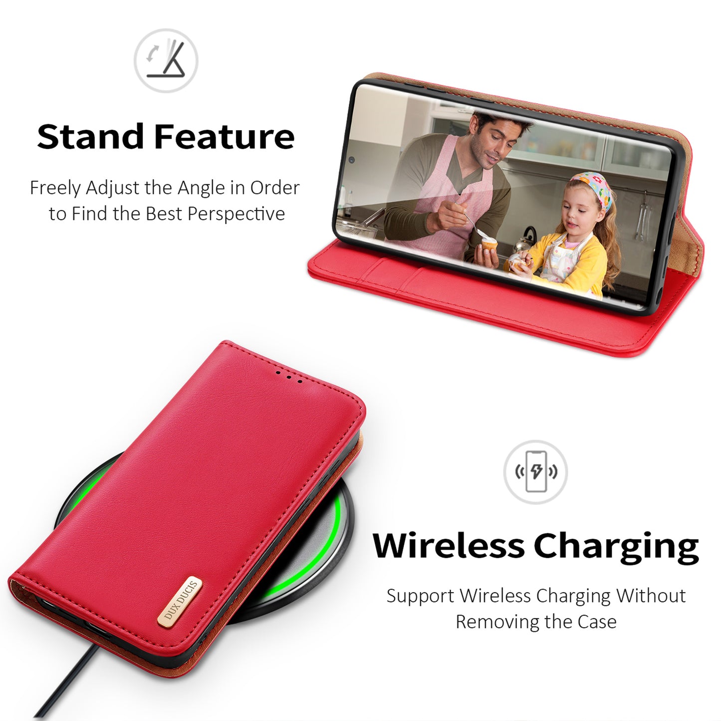 DUX DUCIS Hivo Series for Samsung Galaxy S24 Ultra Phone Case Cowhide Leather Wallet Flip Cover - Red