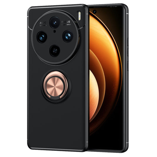 For vivo X100 Pro 5G Case Flexible TPU Phone Protective Cover with Ring Kickstand - Black  /  Rose Gold