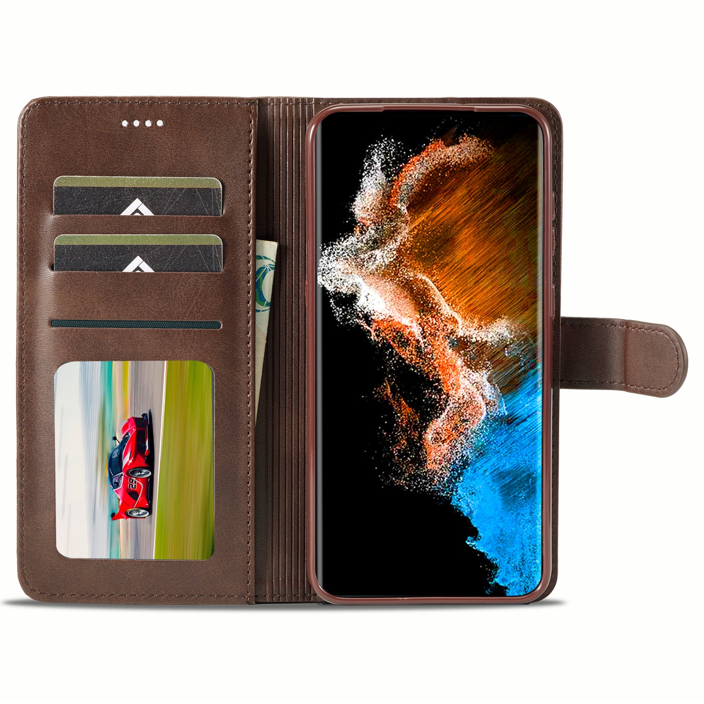 LC.IMEEKE For Samsung Galaxy S24+ Case Calf Texture Leather Stand Phone Protective Cover - Brown