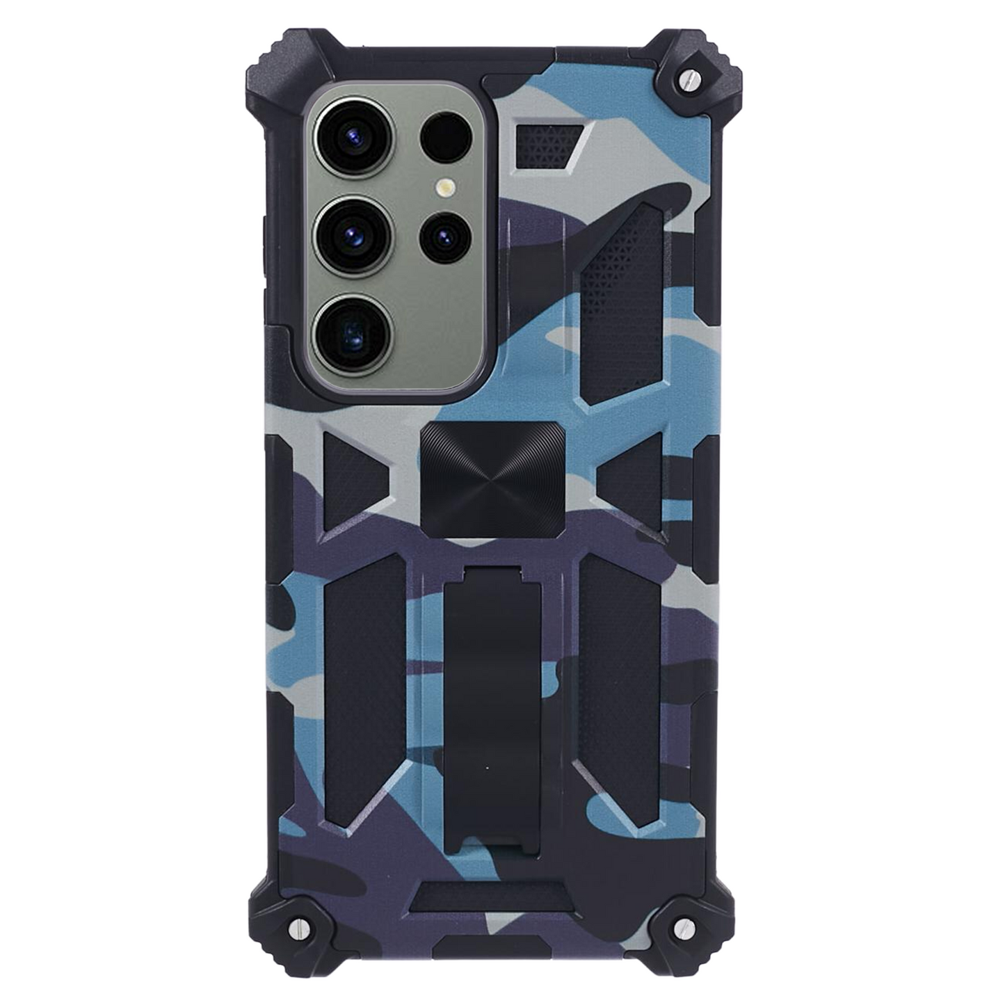 For Samsung Galaxy S24 Ultra Case Camouflage Kickstand Plastic+TPU Cell Phone Cover - Navy Blue
