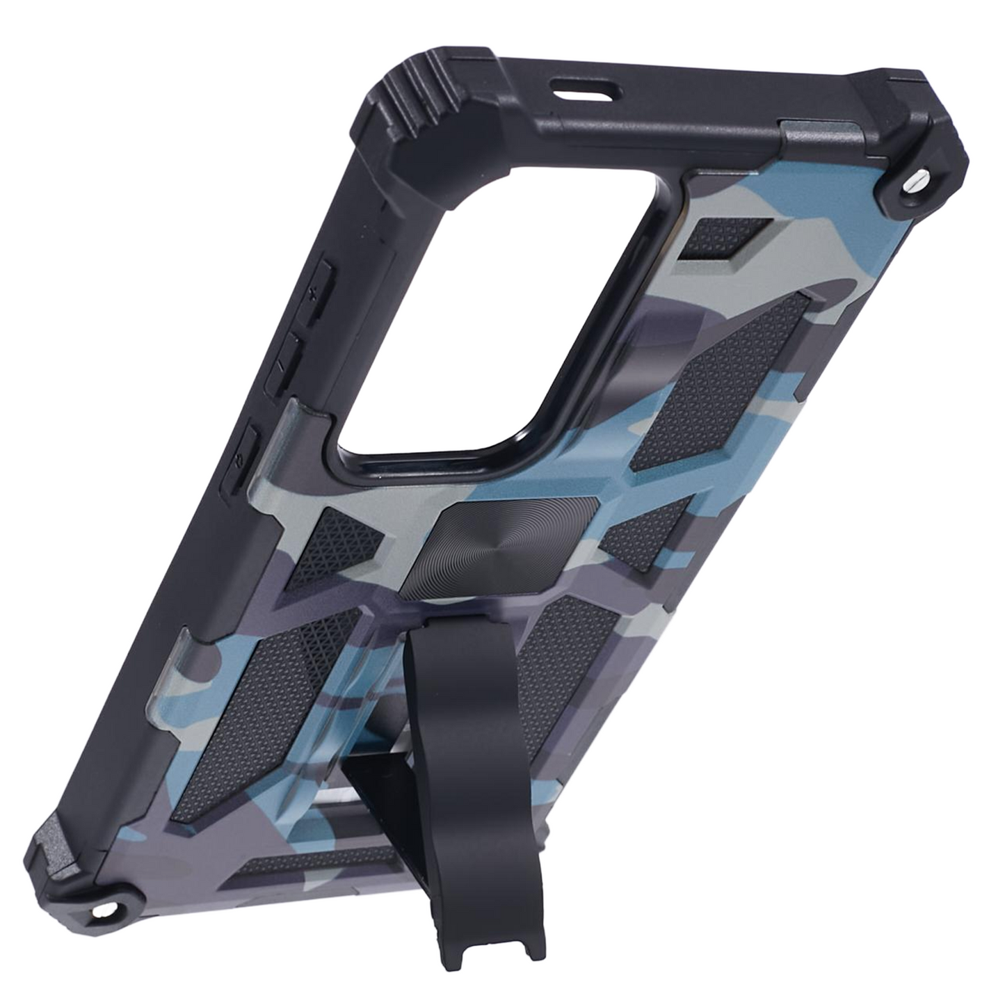 For Samsung Galaxy S24 Ultra Case Camouflage Kickstand Plastic+TPU Cell Phone Cover - Navy Blue