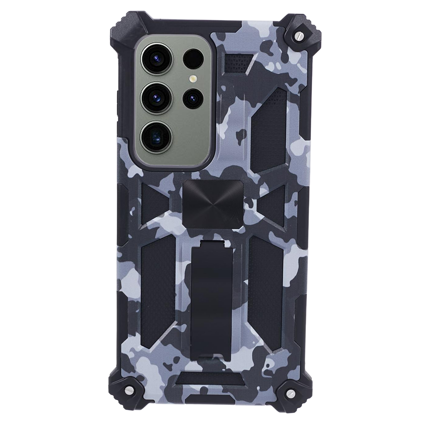 For Samsung Galaxy S24 Ultra Case Camouflage Kickstand Plastic+TPU Cell Phone Cover - Black