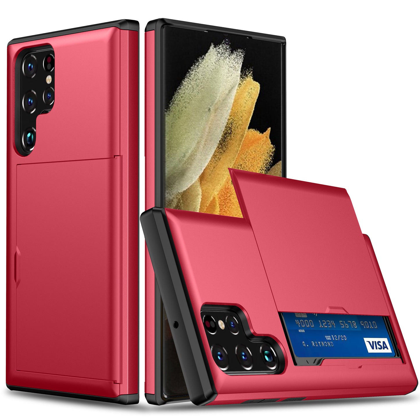 For Samsung Galaxy S24 Ultra Case TPU+PC Phone Cover with Card Holder - Red