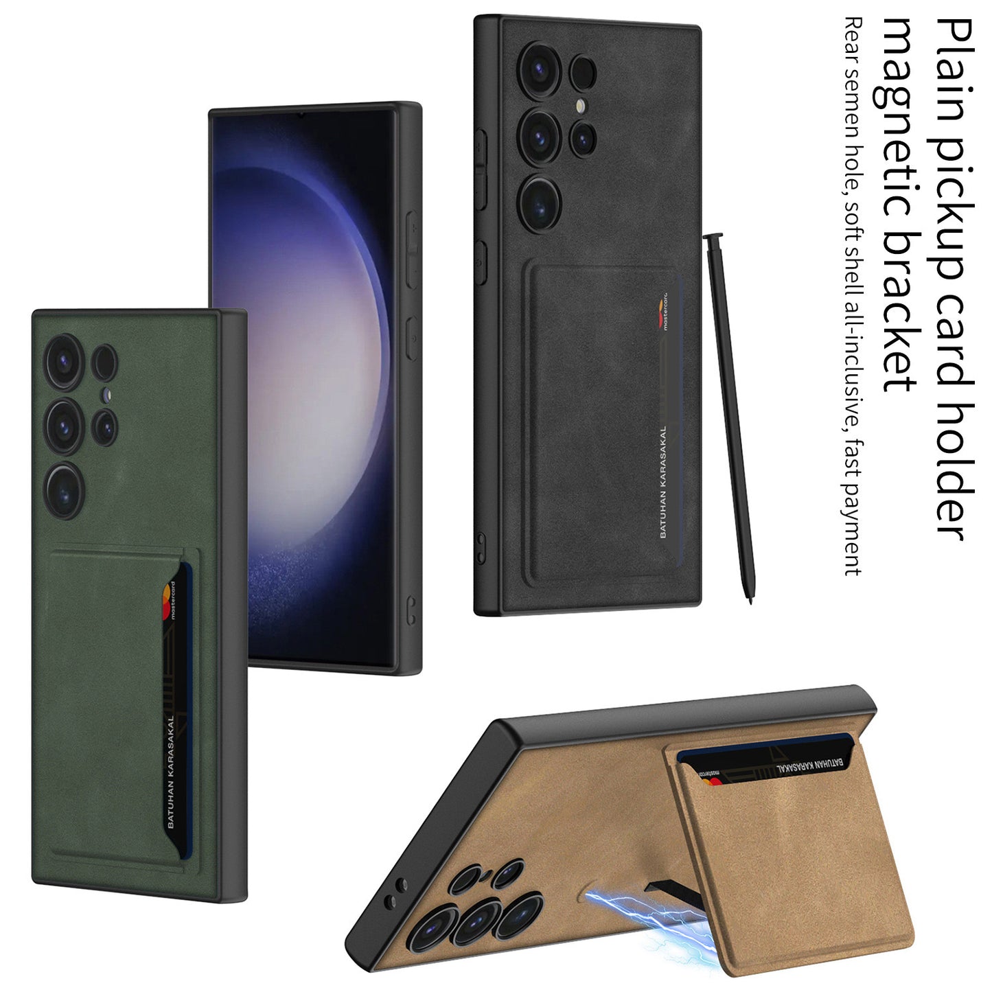 GKK For Samsung Galaxy S24 Ultra Phone Case Magnetic Kickstand Card Holder Matte Cover - Black