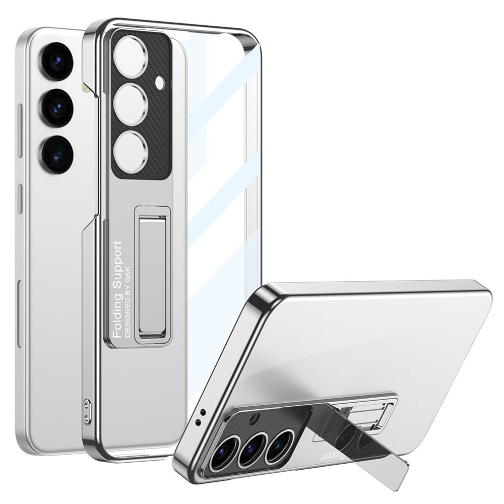 GKK For Samsung Galaxy S24 Case Scratch-proof Electroplating Phone Cover with Kickstand - Silver