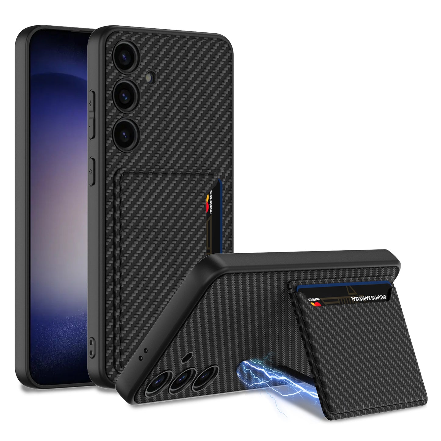 GKK For Samsung Galaxy S24 Kickstand Card Slots Case PU Leather Phone Back Cover - Carbon Fiber Texture