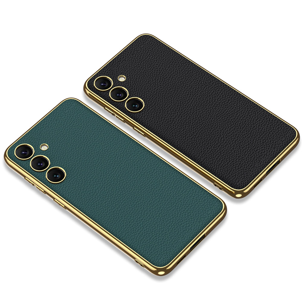 GKK for Samsung Galaxy S24+ Case Electroplating Leather Coated TPU Frame PC Back Cover - Wine Red