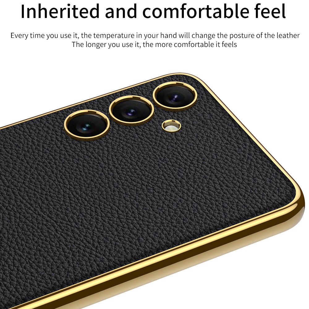 GKK for Samsung Galaxy S24+ Case Electroplating Leather Coated TPU Frame PC Back Cover - Black