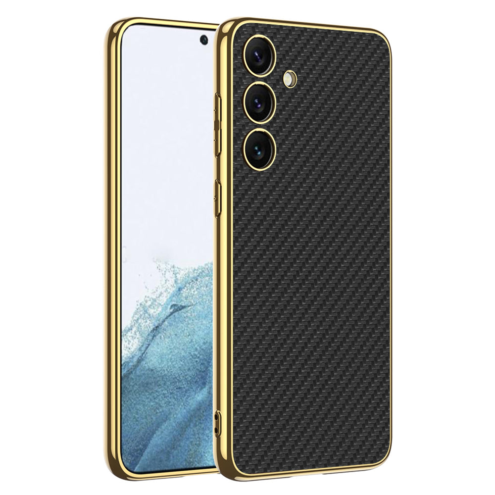 GKK for Samsung Galaxy S24+ Case Electroplating Leather Coated TPU Frame PC Back Cover - Carbon Fiber Texture