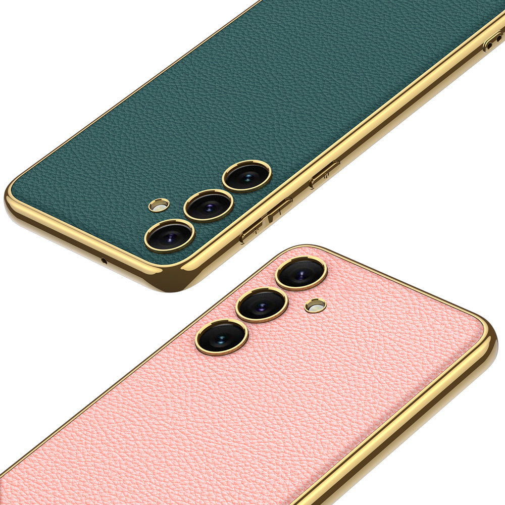 GKK for Samsung Galaxy S24 Case Electroplating TPU Frame PC + Leather Phone Back Cover - Green