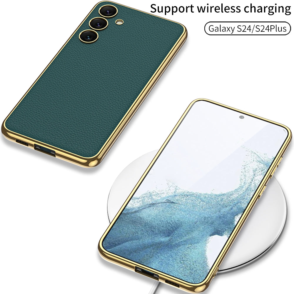 GKK for Samsung Galaxy S24 Case Electroplating TPU Frame PC + Leather Phone Back Cover - Green