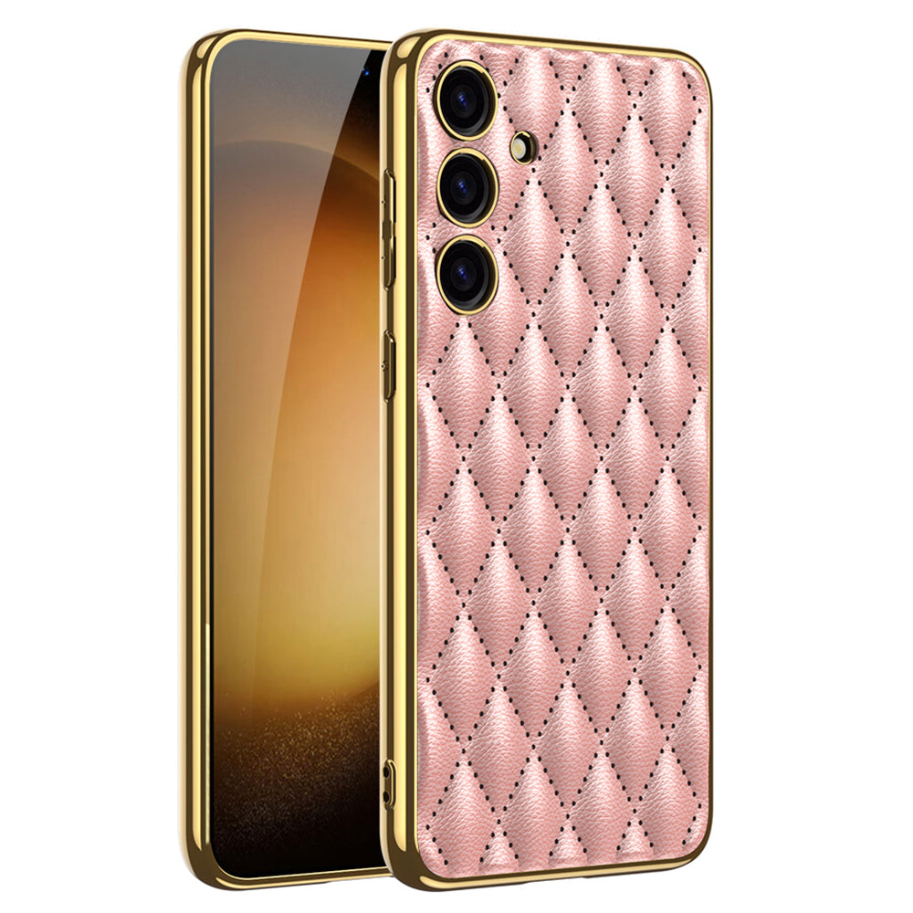 GKK Cell Phone Cases for Samsung Galaxy S24+ Stitching Rhombus PU Leather+TPU+PC Cover - Pink