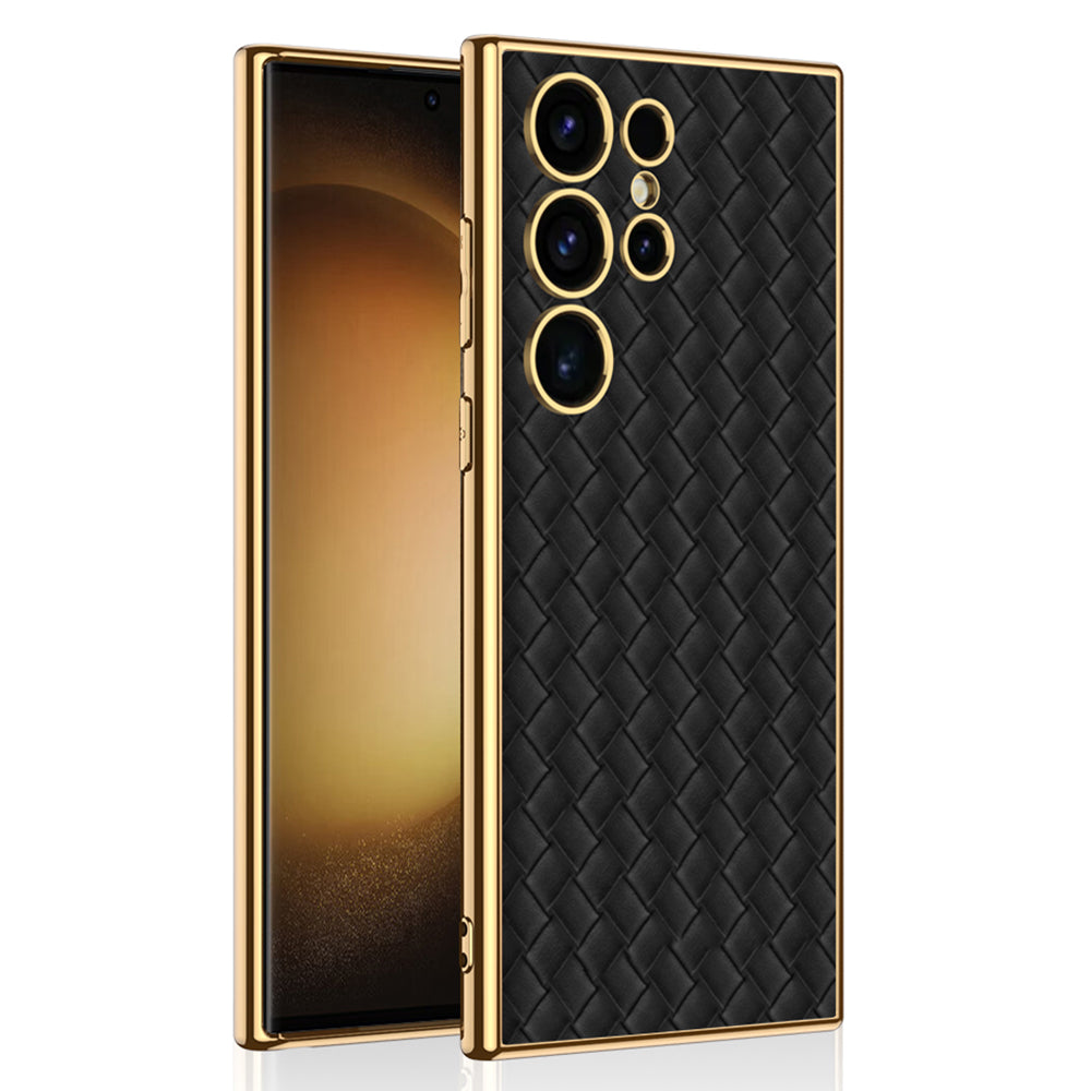 GKK For Samsung Galaxy S24 Ultra Electroplating PU Leather+TPU+PC Woven Texture Cell Phone Cases - Black