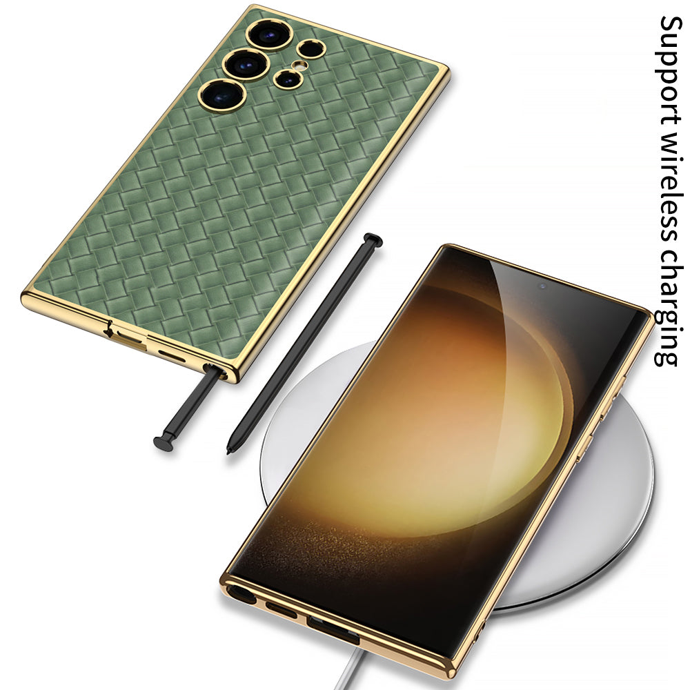 GKK For Samsung Galaxy S24 Ultra Electroplating PU Leather+TPU+PC Woven Texture Cell Phone Cases - Green