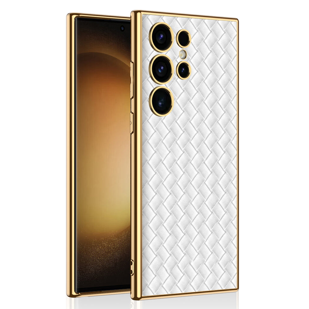 GKK For Samsung Galaxy S24 Ultra Electroplating PU Leather+TPU+PC Woven Texture Cell Phone Cases - White