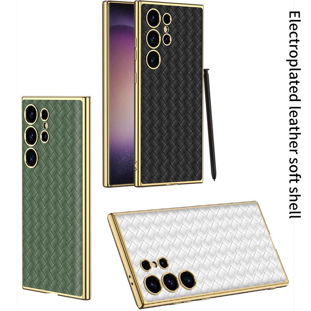 GKK For Samsung Galaxy S24 Ultra Electroplating PU Leather+TPU+PC Woven Texture Cell Phone Cases - White