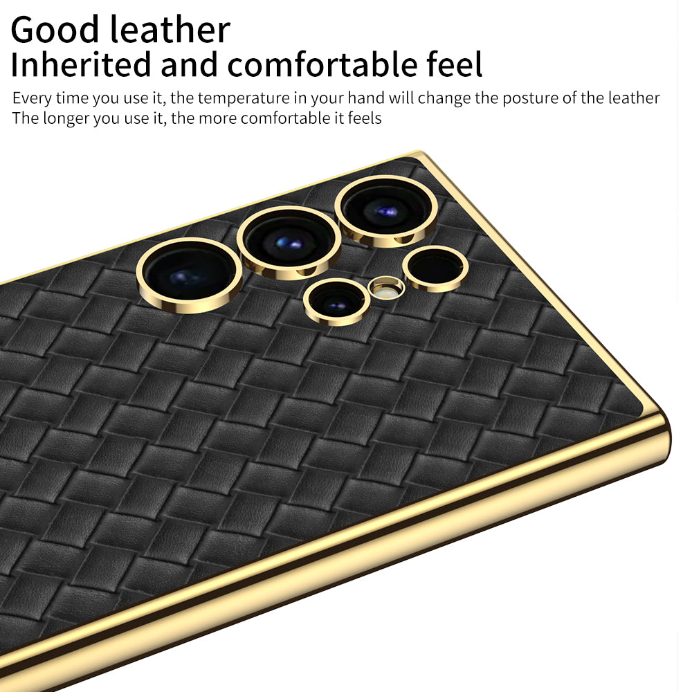 GKK For Samsung Galaxy S24 Ultra Electroplating PU Leather+TPU+PC Woven Texture Cell Phone Cases - White