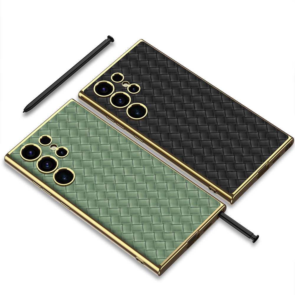 GKK For Samsung Galaxy S24 Ultra Electroplating PU Leather+TPU+PC Woven Texture Cell Phone Cases - White
