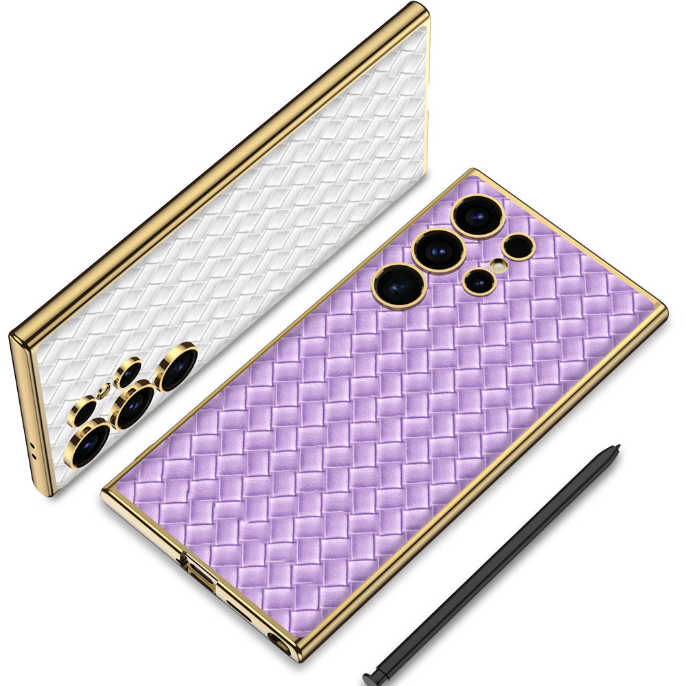 GKK For Samsung Galaxy S24 Ultra Electroplating PU Leather+TPU+PC Woven Texture Cell Phone Cases - White