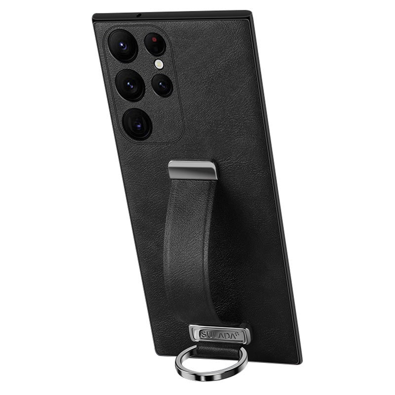 SULADA Fashion Series for Samsung Galaxy S24 Ultra Phone Case Anti-fall Retractable Hand Strap Cover - Black
