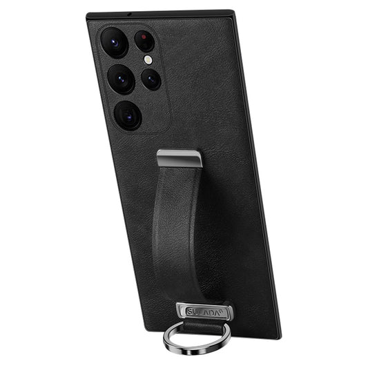 SULADA Fashion Series for Samsung Galaxy S24 Ultra Phone Case Anti-fall Retractable Hand Strap Cover - Black