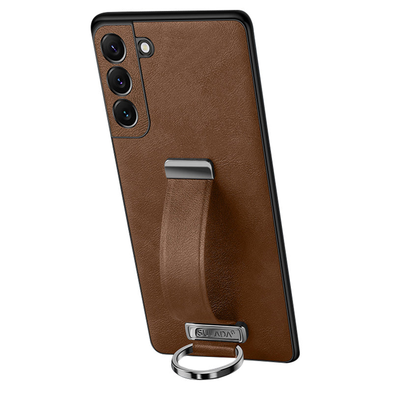 SULADA Fashion Series for Samsung Galaxy S24 Case Shockproof Kickstand Phone Cover with Hand Strap - Brown
