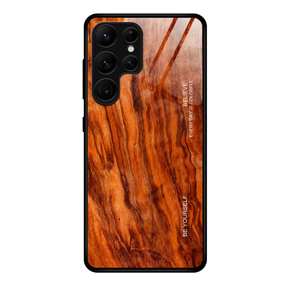 For Samsung Galaxy S24 Ultra Case Wood Texture Tempered Glass TPU Protective Phone Case - Orange
