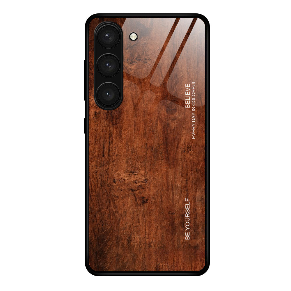 For Samsung Galaxy S24+ Protective Case Wood Texture Tempered Glass TPU Frame Phone Cover - Coffee