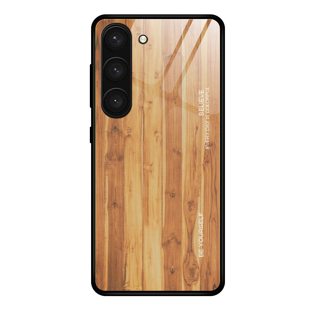 For Samsung Galaxy S24+ Protective Case Wood Texture Tempered Glass TPU Frame Phone Cover - Brown