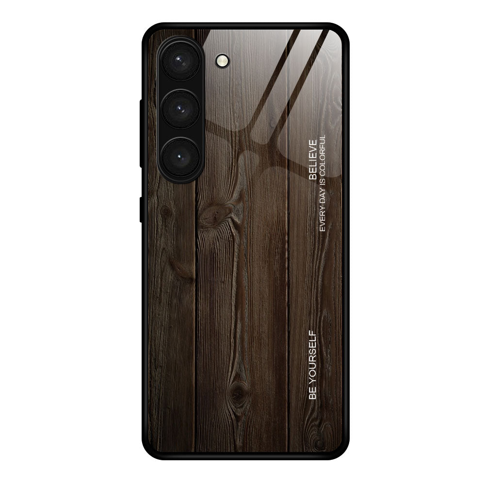 For Samsung Galaxy S24 Case Wood Texture Tempered Glass+TPU Anti-Drop Phone Case - Black
